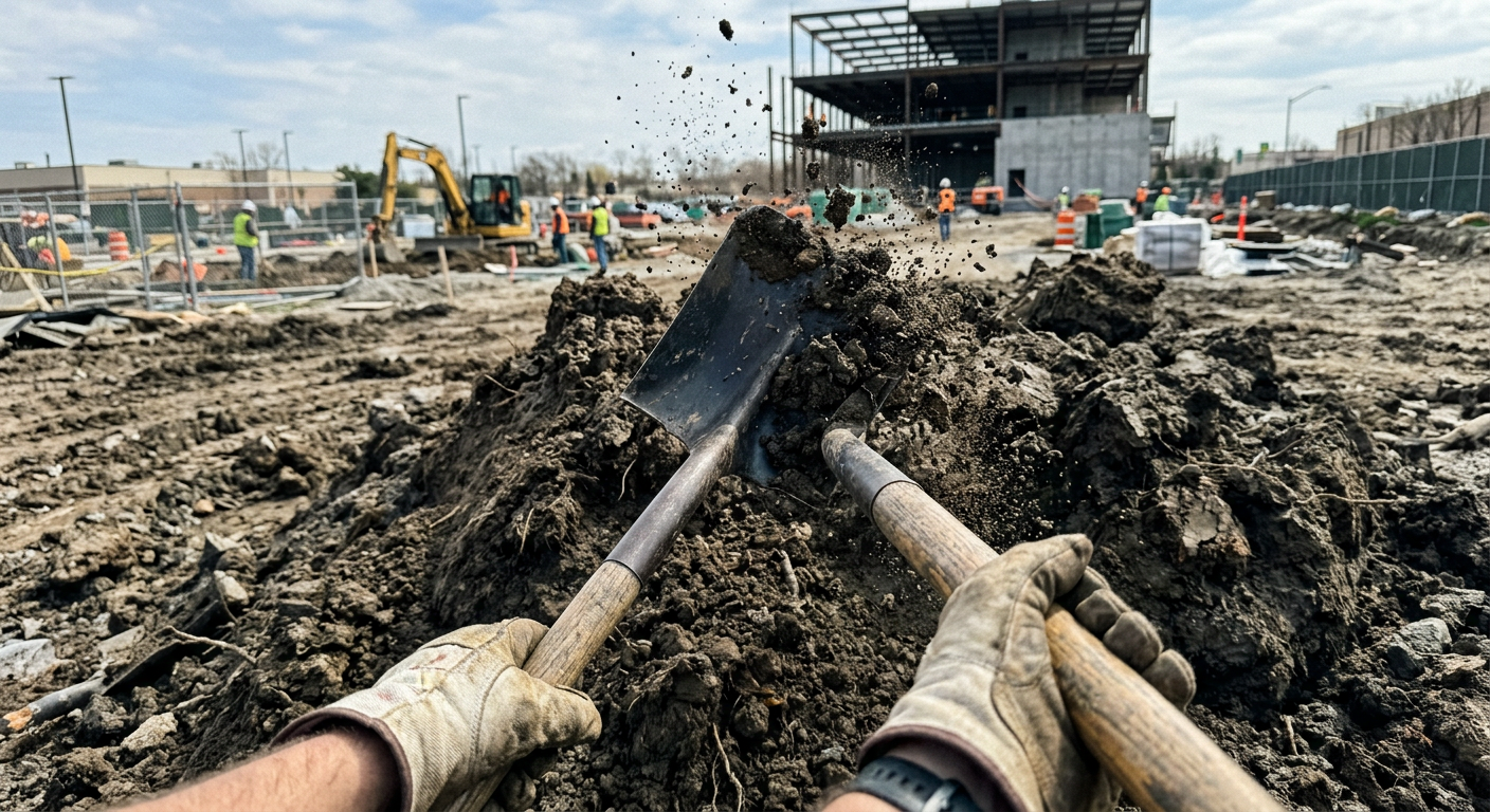 Szpadel wbija się w hałdę ziemi wydobytej podczas kopania pod fundament, ukazując jej niejednorodną strukturę i liczne zanieczyszczenia.