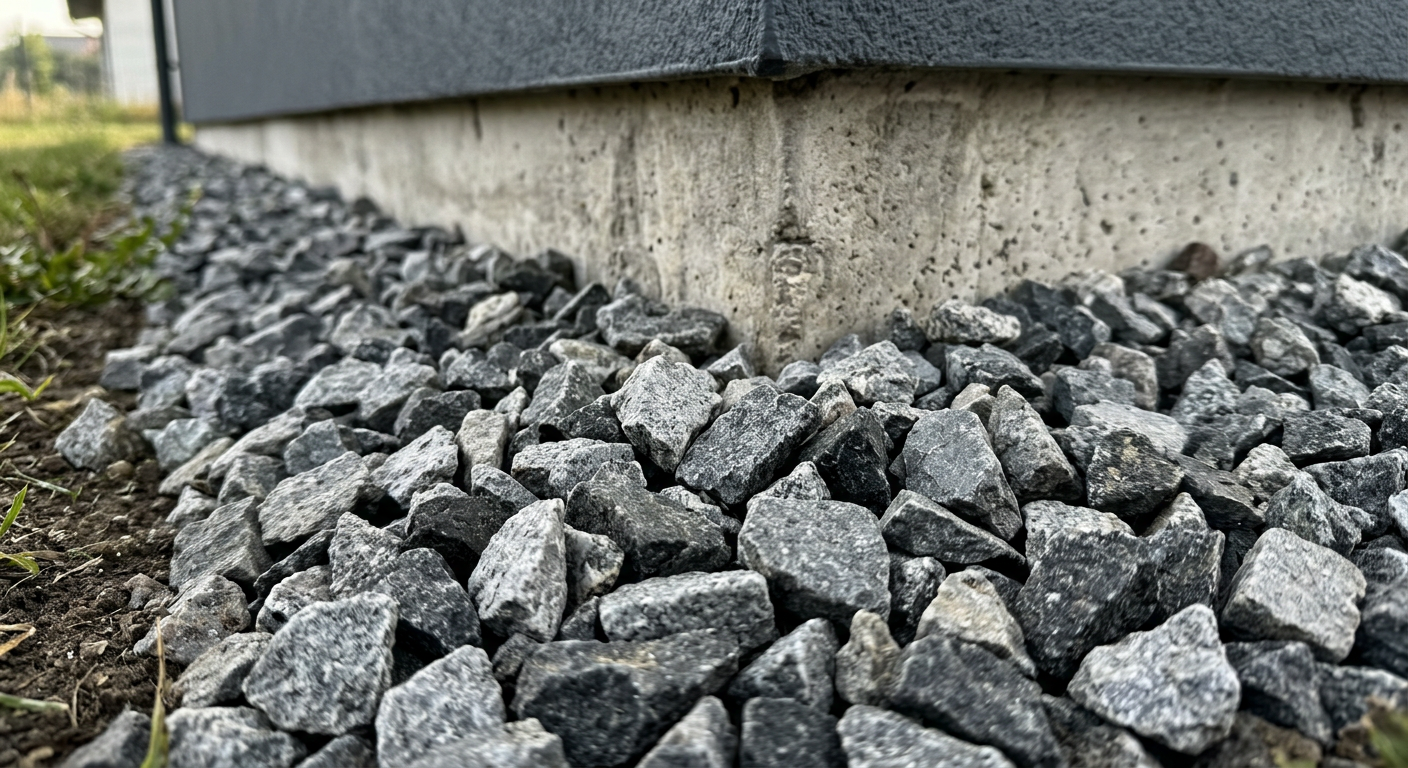 Drobnoziarnisty grys granitowy tworzy równą i stabilną warstwę ochronną bezpośrednio przy cokole nowoczesnego domu.