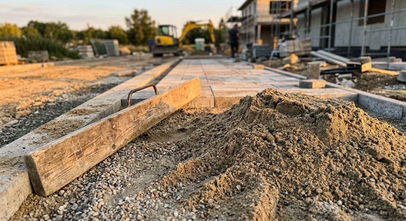 Pokaźny stos drobnego piasku przygotowany do wyrównania podłoża przed rozpoczęciem układania nawierzchni z kostki betonowej.