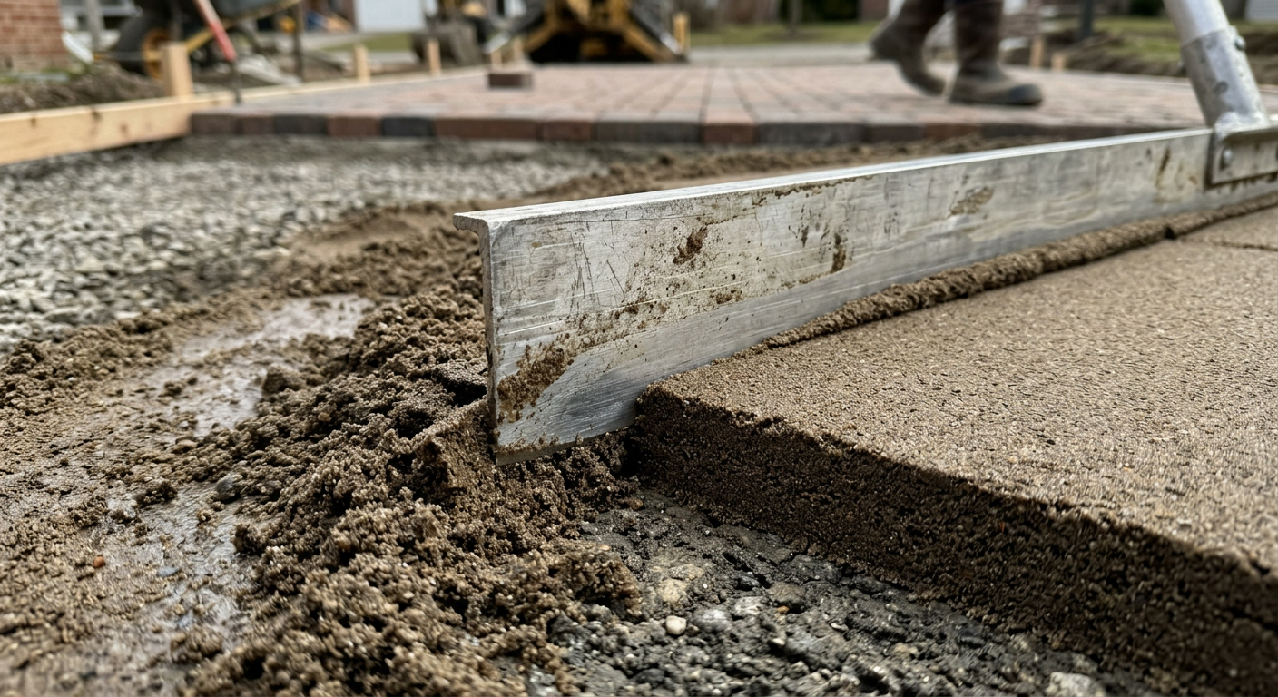 Metalowa łata wyrównująca tworzy gładką powierzchnię na warstwie piasku rozłożonej na utwardzonym tłuczniu.