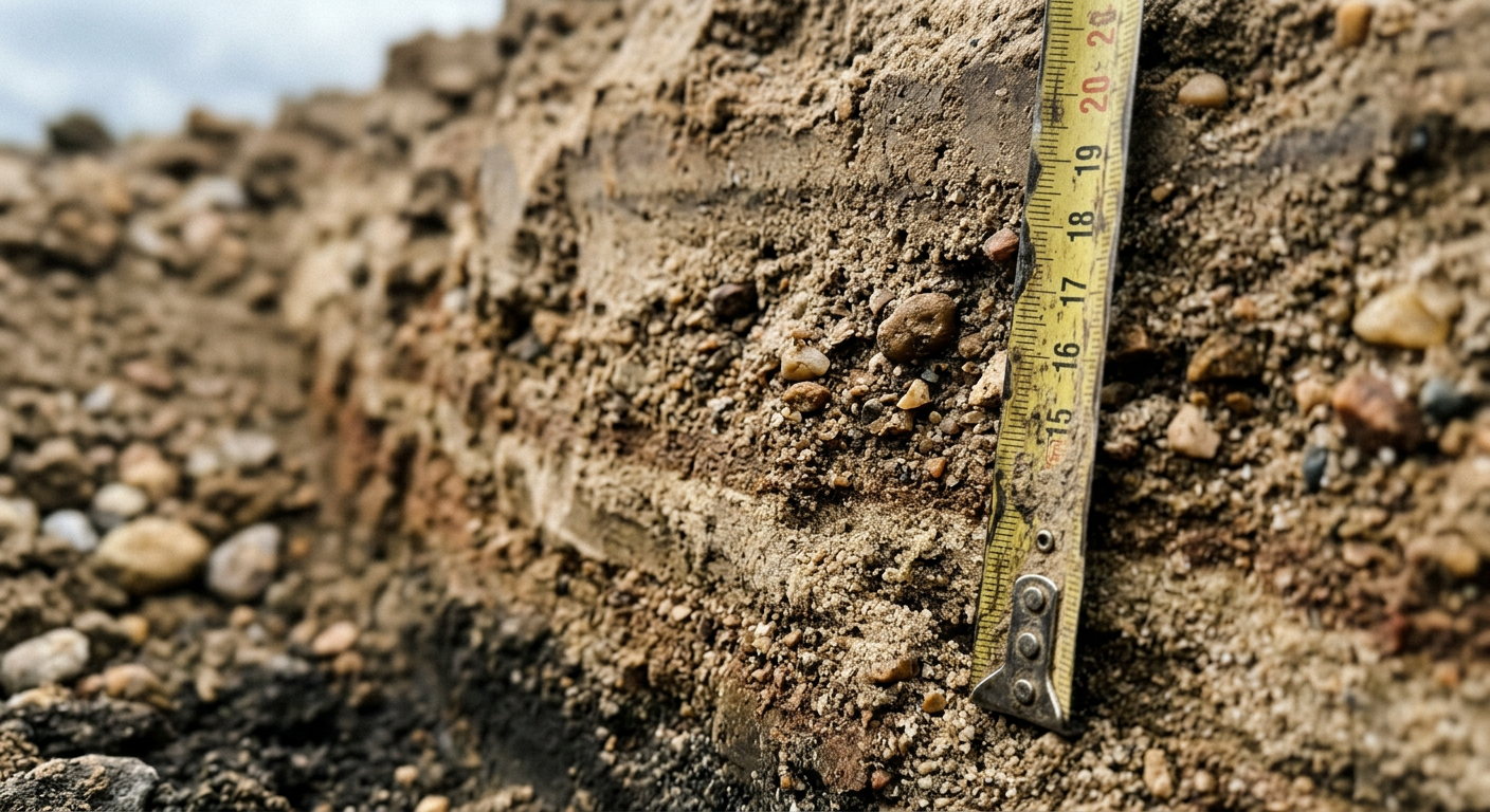 Widok z bliska na warstwy nasypowego piasku ułożonego w wykopie, który pod wpływem ciężaru i wibracji ulega naturalnemu osiadaniu.