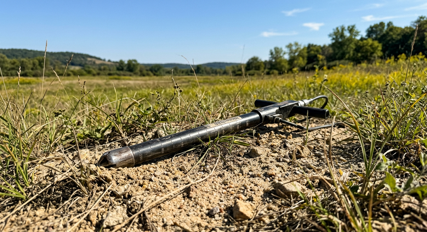 Metalowa sonda geologiczna wbita w podłoże czeka na pobranie próbek gruntu w celu weryfikacji zawartości złoża piasku na działce.