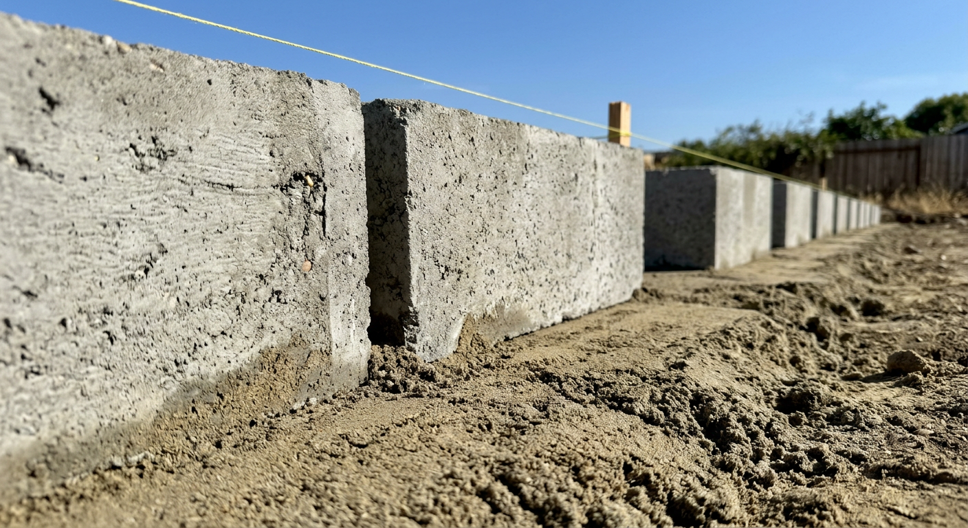 Wypoziomowane bloczki betonowe osadzone na starannie zagęszczonej podsypce piaskowej tworzą fundament pod przyszły garaż blaszany.