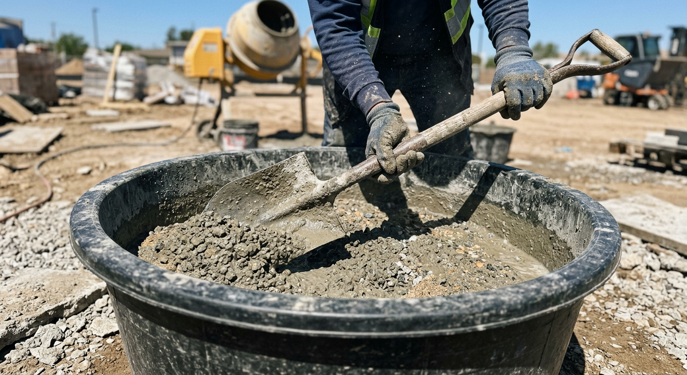 Ręczne mieszanie składników betonu w plastikowej korycie budowlanym przy użyciu metalowej łopaty.
