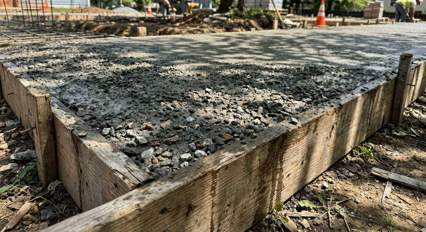 Świeżo wylana mieszanka betonowa o odpowiedniej granulacji wypełnia przygotowane wcześniej drewniane szalunki.