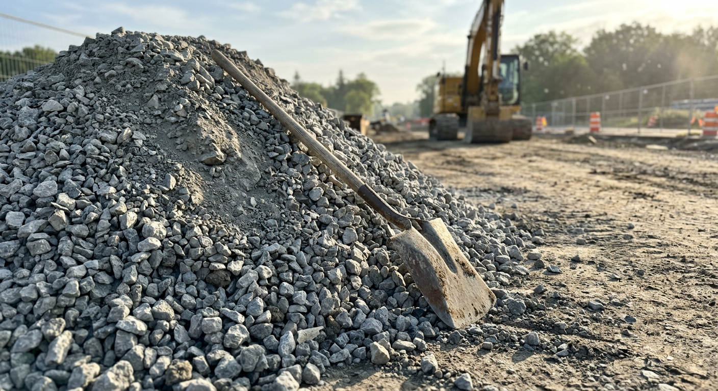 Metalowa łopata wbita w stertę kruszywa budowlanego pozwala ocenić strukturę i gradację materiału wykorzystywanego do utwardzania podłoża.