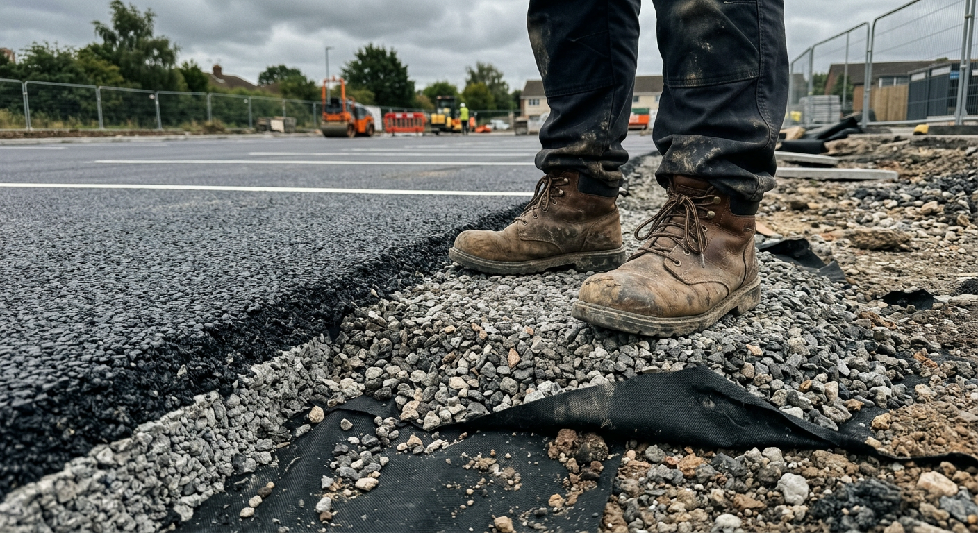 Widok z bliska na prawidłowo ułożone warstwy kruszywa o różnej frakcji na placu parkingowym zabezpieczone geowłókniną.