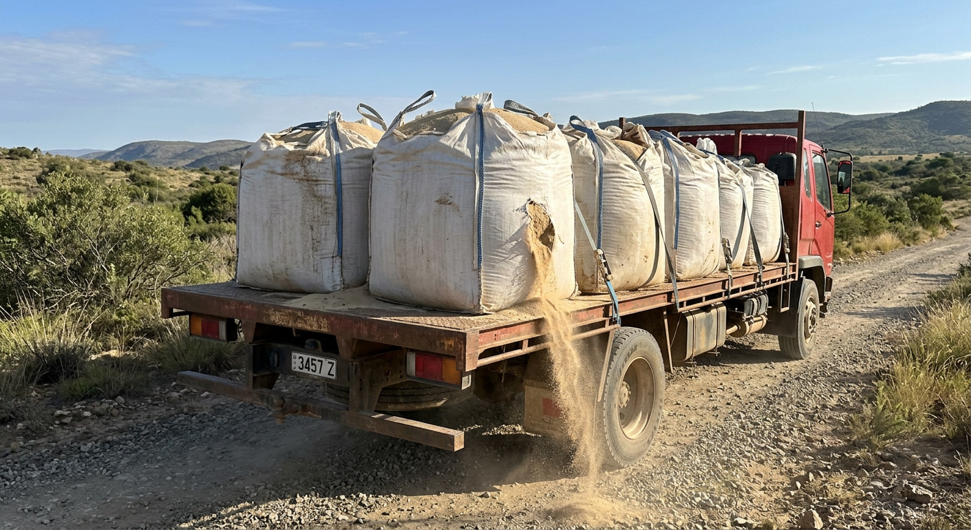 Pojazd transportowy przewozi worki z piaskiem, z których jeden jest lekko naderwany, ukazując wewnątrz sypką i suchą strukturę materiału.