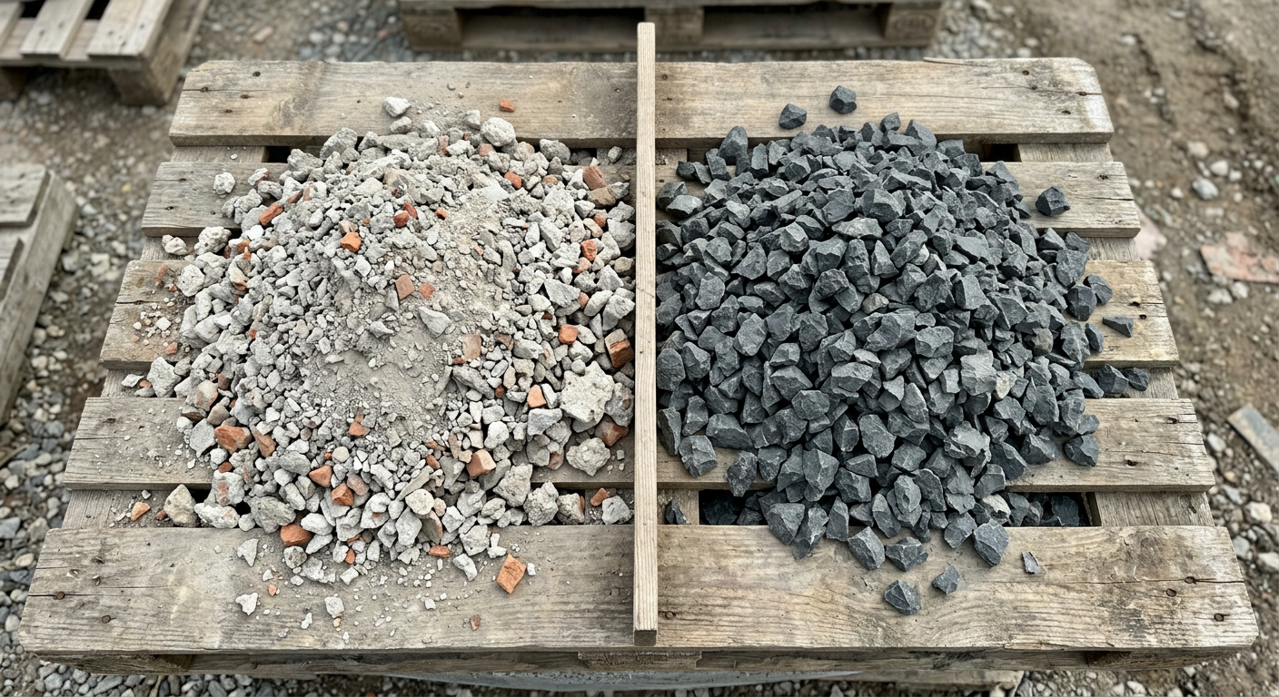 Dwie sterty materiałów budowlanych leżą obok siebie, ukazując wyraźne różnice w strukturze tłucznia betonowego z recyklingu oraz naturalnego kruszywa kamiennego.